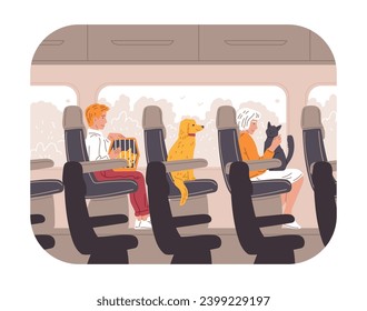 People with pets on the train, vector illustration in flat cartoon style. Woman with a dog on her lap and a man with a cat in a special bag are traveling near the train window, cute animals.