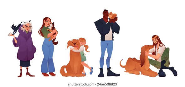 People with pets. Persons hugging dogs and cats. Human and domestic animals love. Kid cuddling cute kitten. Woman play with puppy. Child caring of mammal. Happy man holding kitty. Vector owners set