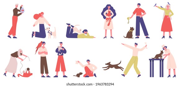 People with pets. Pet owners playing, walking and hugging with dogs, cats and birds vector illustration set. Domestic animals owners. Domestic animals, character kitten and bird