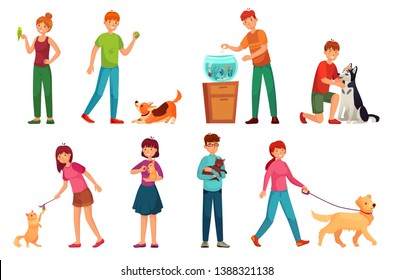 People with pets. Playing with dog, happy pet and dogs owners cartoon vector illustration set