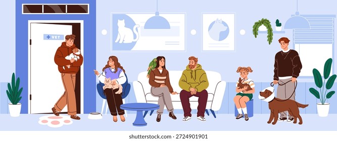Personas con mascotas hacen cola en la clínica veterinaria. Propietarias con perros y gatos están esperando cita veterinaria. Los personajes con animales se sientan en fila para el veterinario en la sala de recepción. Ilustración vectorial plana