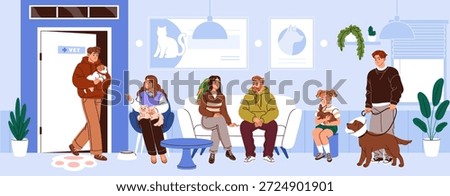 People with pets queue in vet clinic. Owners with dogs and cats are waiting for veterinary appointment. Characters with animals sit in line to veterinarian in reception room. Flat vector illustration