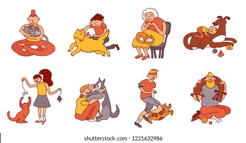 People and pets set with care and playing symbols flat isolated vector illustration