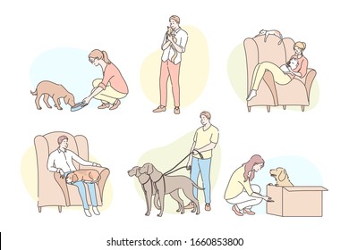 People with pets set concept. Collection of different young people owners, men women boys girls spending time with their pets, cats and dogs. Love and care, lifestyle. Simple flat vector illustration.