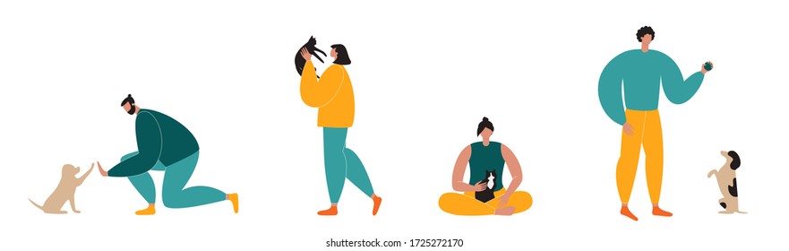 People with pets. Set of happy cat and dog owners playing with domestic animals. Love and friendship between person and a pet. Collection of isolated flat vector illustration