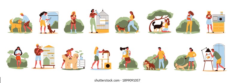 People pets set of isolated icons outdoor and indoor views and characters of masters with pets vector illustration