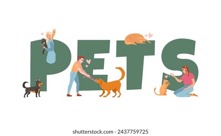 Concepto de texto de personas y mascotas. Personajes masculinos y femeninos jugando con perros y gatos, amor, cuidado de los animales Póster, pancarta, volante, folleto. Ilustración vectorial plana de dibujos animados