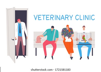 Menschen mit Haustieren in der Veterinärklinik, Vektorgrafik, einzeln auf weißem Hintergrund.