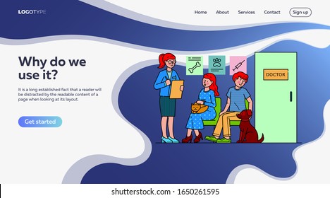 People with pets waiting for doctor in queue. Vet services for cat, medical care for dog vector illustration. Veterinarian clinic concept and pet owner sitting at hospital hall