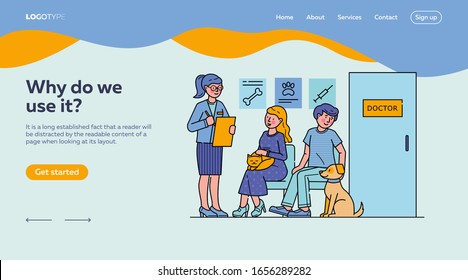 People with pets waiting for doctor in queue. Vet services for cat, medical care for dog vector illustration. Veterinarian clinic concept and pet owner sitting at hospital hall