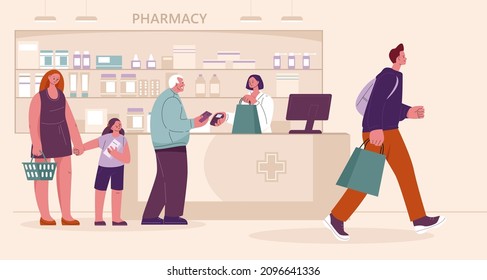 People in the pharmacy buy medicines. Pharmacist at the drugstore with clients. Vector illustration in flat style.