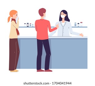 People At Pharmacy Checkout Counter - Pharmacist Woman In Virus Protection Mask Talking To Drugstore Customers With Sickness Symptoms. Flat Isolated Cartoon Vector Illustration.