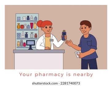 People in the pharmacy. A female pharmacist sells medicine to an elderly male client who has a prescription in his hand. Color vector illustration.