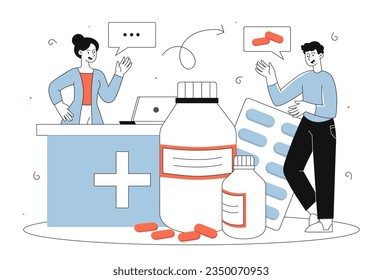 Concepto de línea de farmacia. Hombre y mujer con pastillas y drogas. Comprador y vendedor en farmacia. Atención y tratamiento de la salud. Paciente con receta. Ilustración lineal vectorial