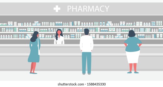 People in the pharmacy. The pharmacist stands near the shelves with medicines. There are visitors In the hall. Vector illustration