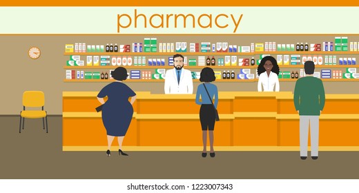 People in the pharmacy. Pharmacists man and woman stands near the shelves with medicines. In the orange hall there are visitors. Vector illustration.