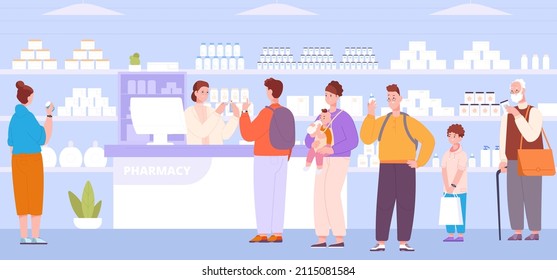 People in pharmacy store. Queue customers by counter drugstore, seller pharmacist consulting customer, woman man shopping drug on shelves medical shop, vector illustration. Pharmacy queue drugstore