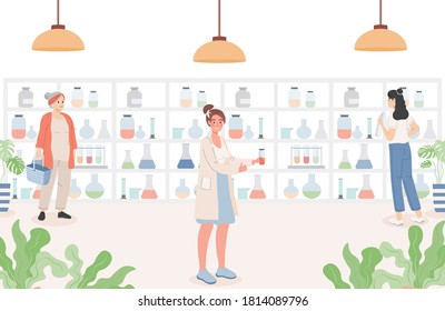 People in the pharmacy vector flat illustration. Drugstore interior with customers. Women standing near shelves with drugs. Healthcare, care of health, apothecary design concept.