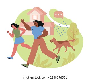 People with phobia and fear. Young women running away from angry dog with sharp teeth. Characters afraid of animal and panic. Mental and psychological disorder. Cartoon flat vector illustration