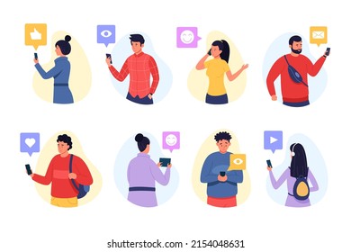 People phone communication. Cartoon characters sending messages likes and smiles in social media network. Vector illustration. Man and woman chatting online, receiving notifications