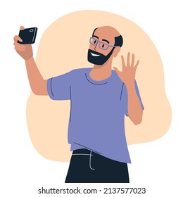 People with phone. A man takes a selfie on his phone. The guy communicates via video link. Vector image.