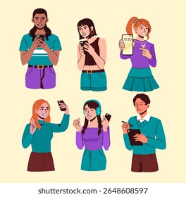 Pessoas com telefone fixo. Homens e mulheres com smartphones. Gadgets e dispositivos. Usuários de redes sociais. Mulher tirando selfie, garota ouvindo música. Coleção de vetores planos isolada no plano de fundo branco