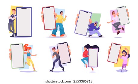 People with phone. Stylized characters talking or holding smartphones exact vector mockup design projects with empty place for text