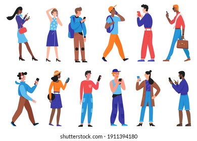 People with phone vector illustration set. Cartoon young man woman characters in casual clothes using smartphone for communication in network, social networks, cellphone calls isolated on white