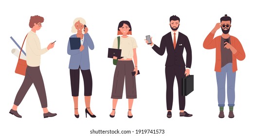 People with phone vector illustration set. Cartoon young man woman characters of different profession holding cellphone, office worker hipster student using smartphone to talk isolated on white