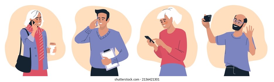 People with phone. A woman is talking on the phone, a man is calling on the phone. Set of vector images.