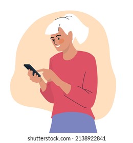 People with phone. A woman is typing a message on the phone. The girl is holding a smartphone in her hands. Vector image.