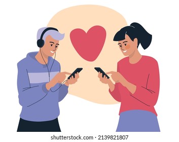 People with phone. A woman is typing a message on the phone. The guy listens to music on a smartphone. Vector image.