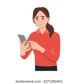 People with phone. A woman is typing a message on the phone. The girl is holding a smart phone in her hands. Vector image.