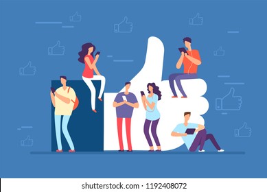 People With Phones At Big Thumbs Up, Like Icon. Social Media Community Vector Background. Like People Community, Thumb Up And Smartphone Communication Illustration