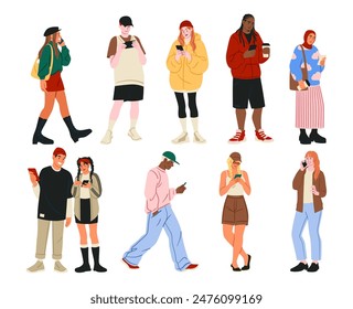 People with phones. Mobile call and chatting. Happy characters walking and talking on cellphone. Woman holding gadget in hands. Young man using messenger app. Selfie photo. Vector trendy persons set