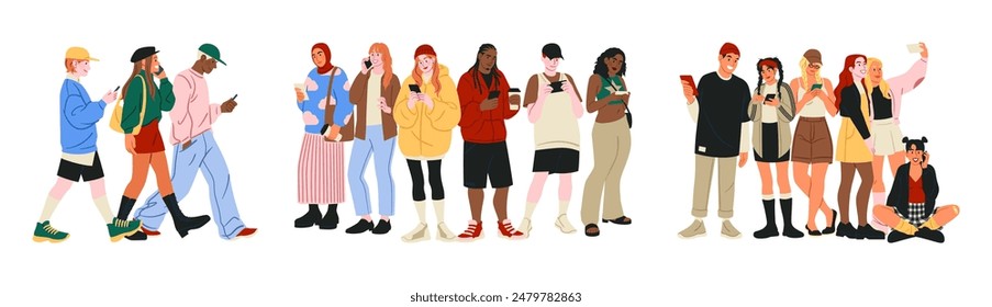 People with phones. Modern persons call. Mobile chatting. Young friends community. Happy men and women use smartphones. Casual students walk. Gadgets user. Camera selfie. Characters groups vector set