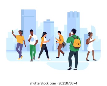 People with phones on street. Women and men in city use gadgets in motion, chatting and calling, casual urban characters vector concept