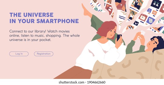 People with phones using mobile app for online shopping and entertainment. Ad template offering digital application. Design of web banner with place for text. Colored flat vector illustration