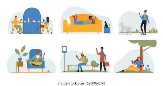 People with phones vector illustration set. Cartoon man woman character holding smartphone in hand, using mobile gadget for communication, call friends, connect to internet network isolated on white