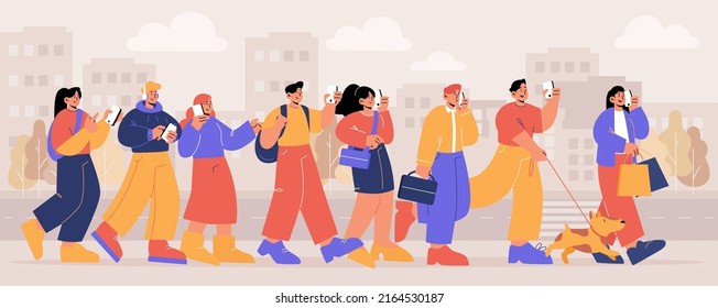 People with phones walk at city street, male and female characters with gadgets in hands go along the road on urban cityscape background. Men, women, teens, pets Line art flat vector illustration
