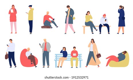 People with phones. Young men and women with smartphone standing and sitting. Mobile society group use device for chat and text, vector set. Girl and boy sitting on bench with gadget