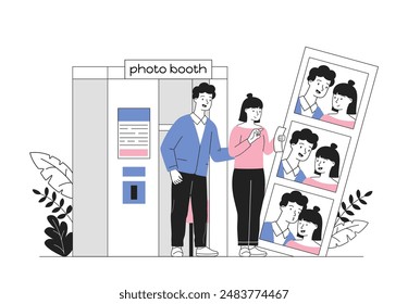 People in photo booth concept. Man and woman take photographs. Romantic relationships and love. Pair with leisure and entertainment. Linear vector illustration isolated on white background