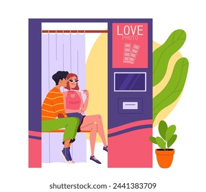 People in photo booth. Man and woman kiss inside cabin. Romantic and love. Young guys and girls with photograhical equipment. Cartoon flat vector illustration isolated on white background