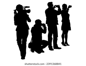 People with a photo camera on white background