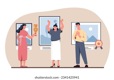 People at photo contest concept. Man and woman at exhibition. Creativity and art. Winners at competitions and tournament with reward and award, trophy. Cartoon flat vector illustration