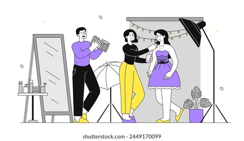 Menschen bei Foto Session Linear. Mann mit Kamera fotografieren Frauen im Kleid. Fotograf mit Client und Softbox. Papparazi mit Kamera. Doodle flache Vektorillustration isoliert auf weißem Hintergrund