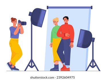 People in photo studio concept. Photographer with clients near softboxes. Papparazzi with lights make photography of couple. Cartoon flat vector illustration isolated on white background