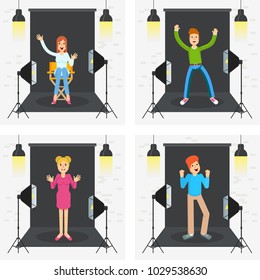 People in photo and video porodaction studio poster template. Equipment for photo studio, production of films and advertising. Flat vector cartoon illustration. Character design.
