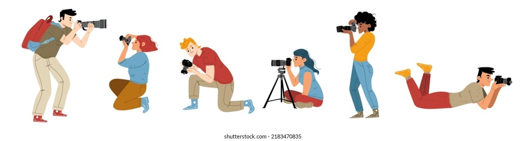 People photographers with camera take shoot in different poses. Vector flat illustration of professional cameraman, paparazzi and journalists taking photo isolated on white background