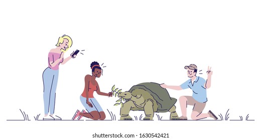 People photographing big turtle flat doodle illustration. Tourists taking photos with wild animal. Tropical country. Petting zoo. Indonesia tourism 2D cartoon character with outline for commercial use